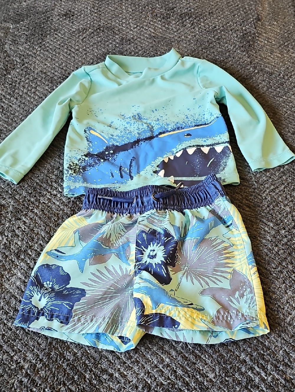 Kids Mint Shark Rash Guard and Floral Swim Shorts Set 12M
